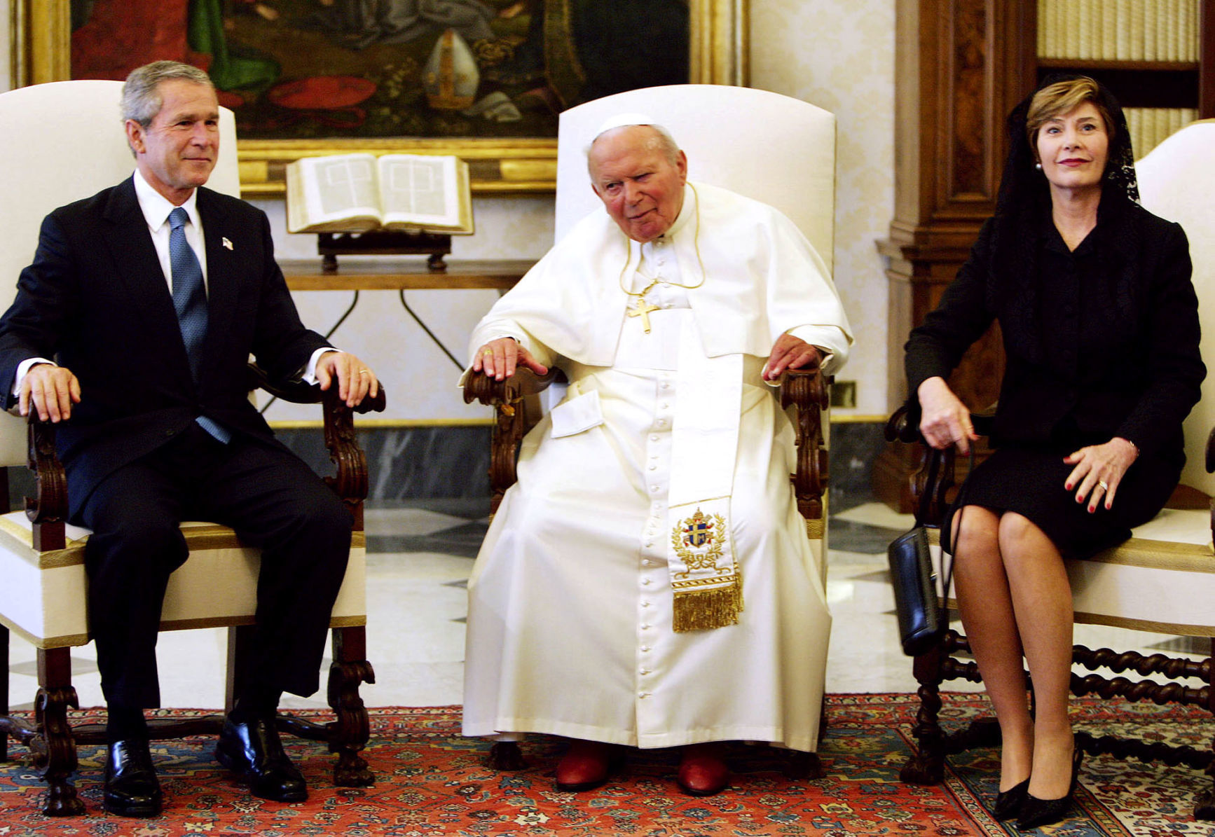 2004: Pope John Paul II, President George W. Bush and first lady Laura Bush
